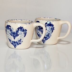 Ellis Pottery Marshall Tx Mugs Handpainted Signed Floral Hearts Blue White 1994
